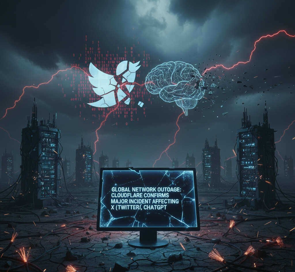 A dark, apocalyptic digital landscape depicting a global network outage. A cracked monitor displays the headline: 