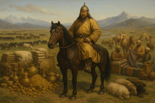 Genghis Khan sitting on a horse in an open Mongolian landscape, surrounded by gold, livestock, and traders, representing the wealth and assets of the Mongol Empire.