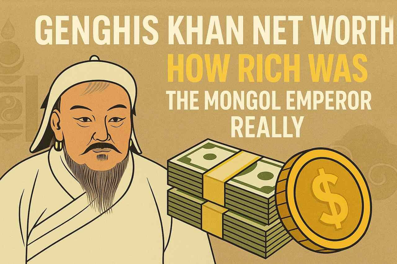 Genghis Khan with money and coin, illustrating his wealth.