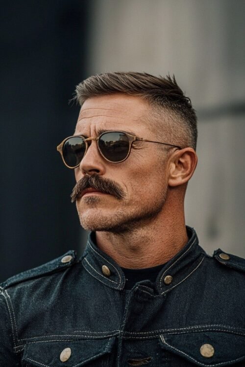 A man with a thick biker-style mustache, short faded haircut, and round sunglasses wearing a dark denim jacket.