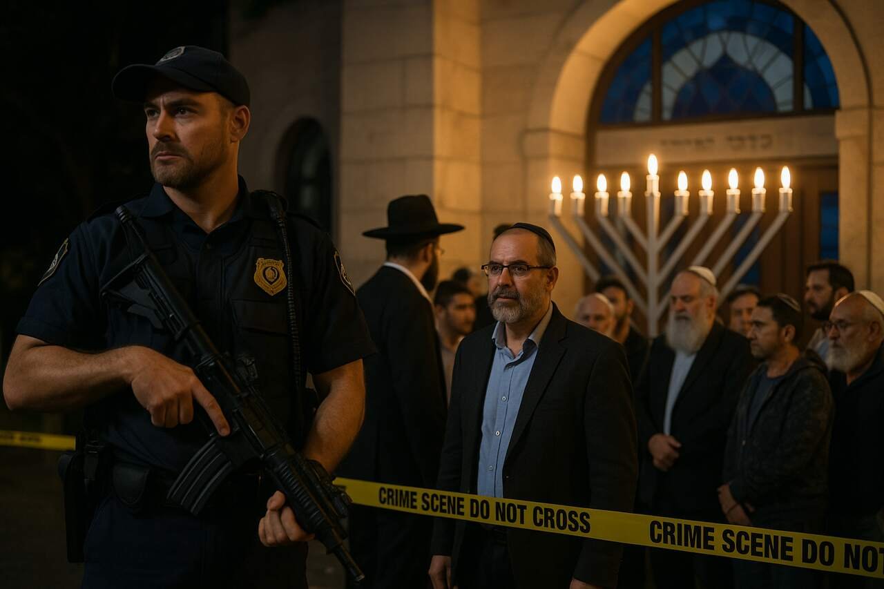 Security guard and Jewish community near menorah at synagogue after Hanukkah shooting.