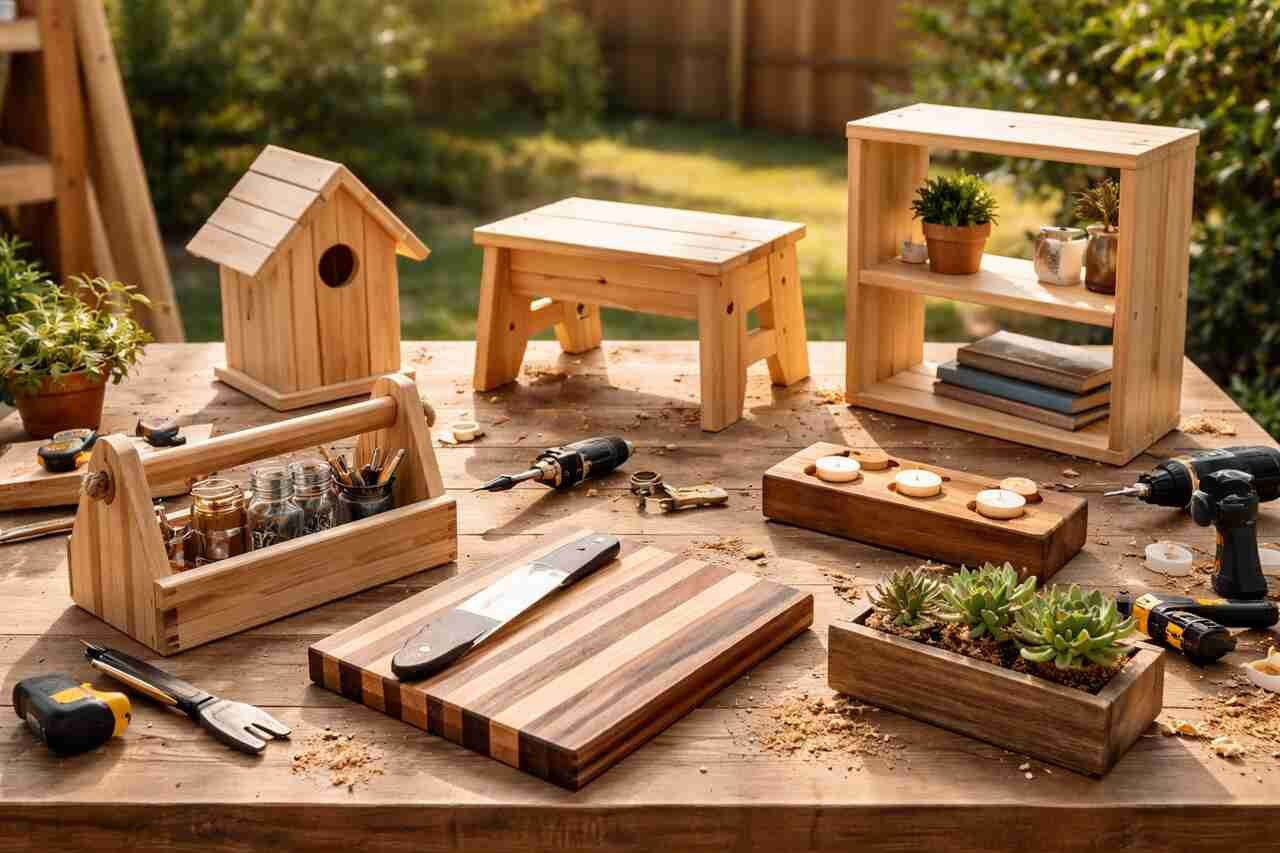 Beginner woodworking projects on a table in a sunny outdoor workshop, including a birdhouse, bench, shelf, and tools.