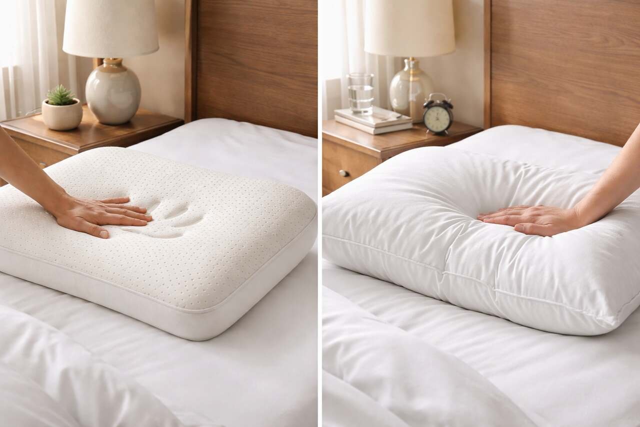 A memory foam pillow with a hand indentation on the left, and a fluffy traditional down pillow on the right, resting on white sheets.