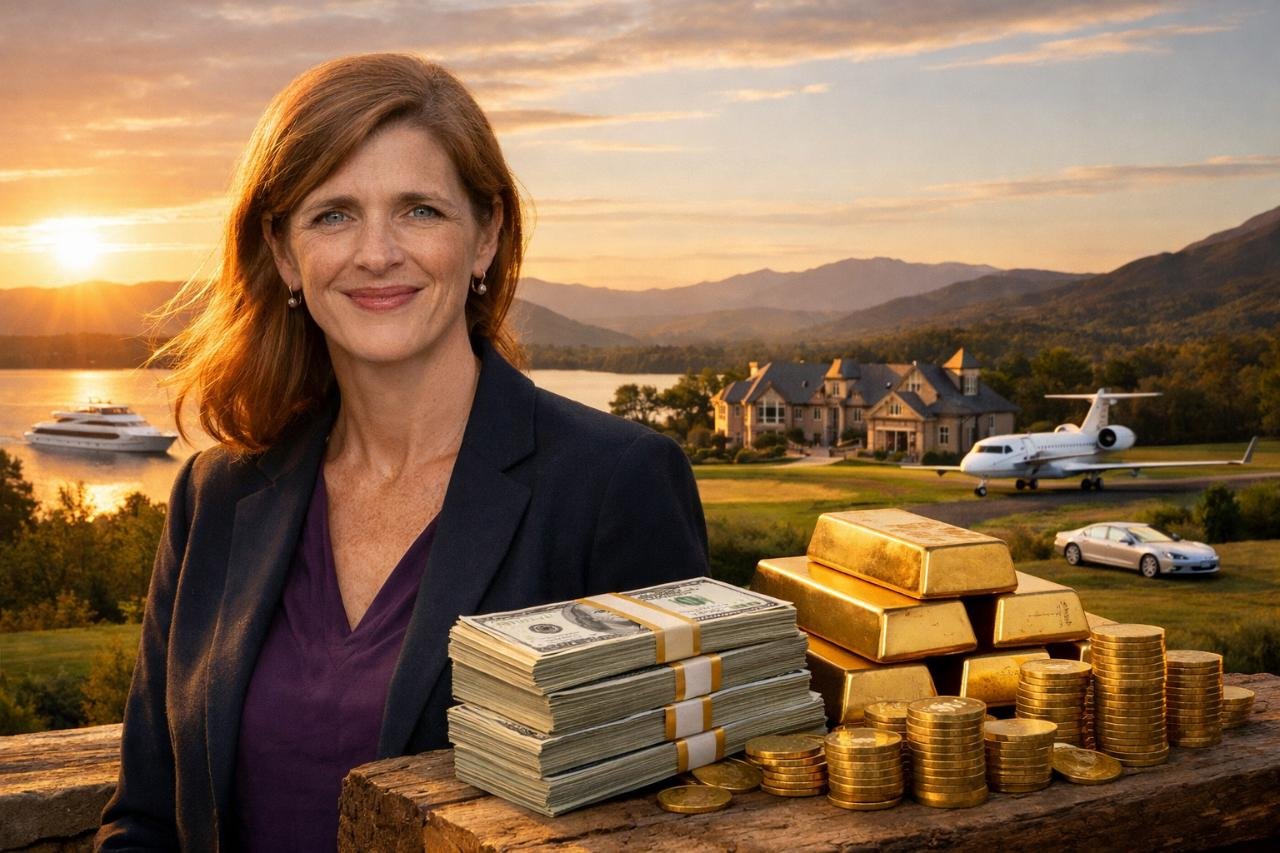 Samantha Power with symbols of wealth and luxury estate.