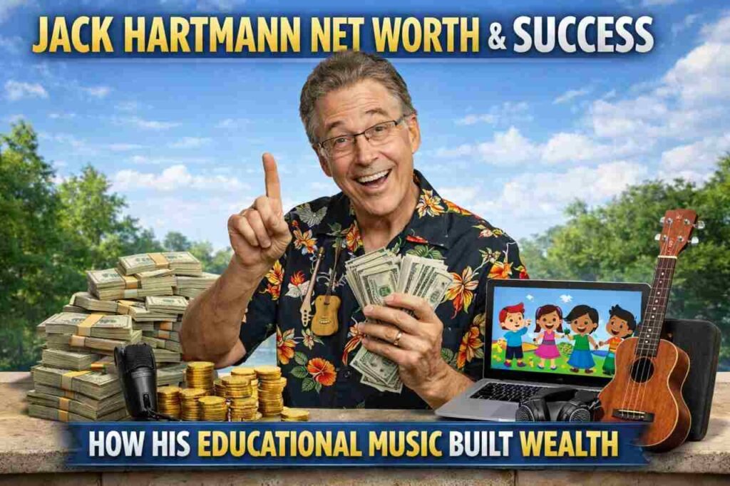 Jack Hartmann Net Worth and How His Educational Music Built Wealth Jack Hartmann holding cash with educational music gear around him.