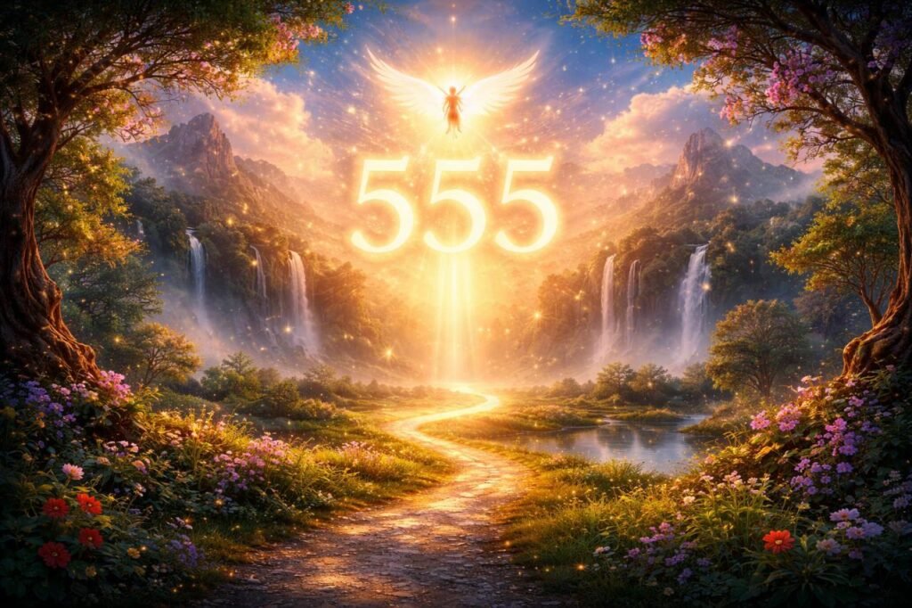 555 Angel Number Meaning in Spiritual Awakening, Life Transitions, and Personal Growth Spiritual path with angel number 555 glowing in a radiant landscape.