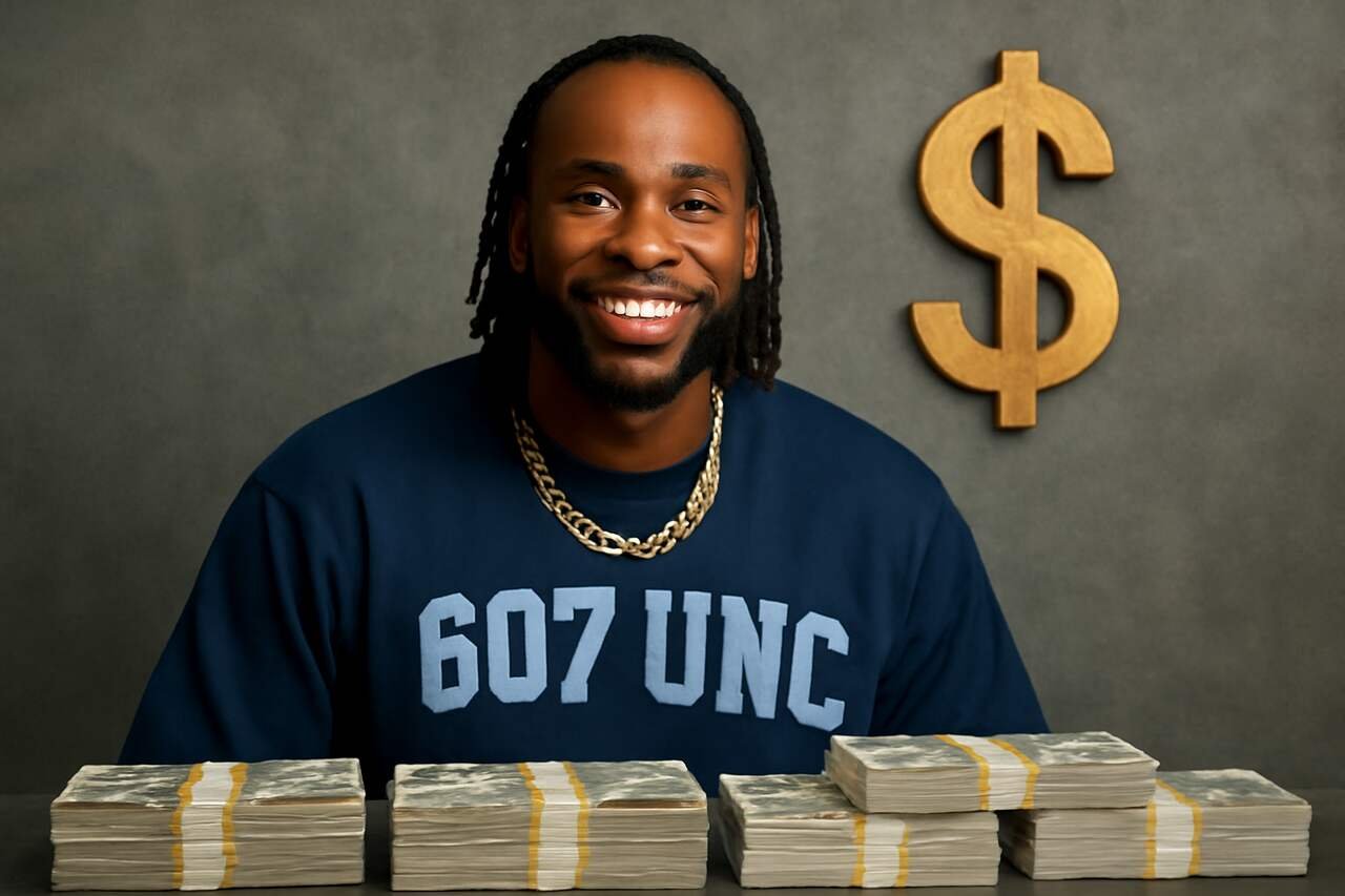 607 UNC sitting confidently behind stacks of money with a gold dollar sign, symbolizing wealth and success.