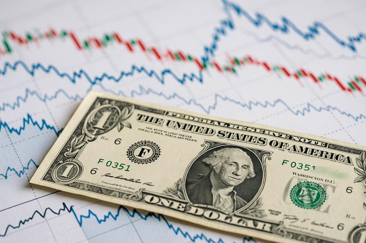 Dollar bill over financial market charts showing volatility.