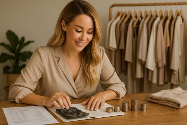 Woman managing fashion business finances with coins and documents.