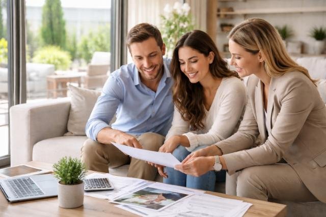 Couple consulting real estate agent about adjustable-rate mortgage options.
