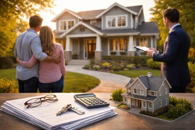Couple and agent outside a home with mortgage documents and calculator on table.