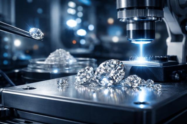 Lab-grown diamonds under microscope in high-tech lab.