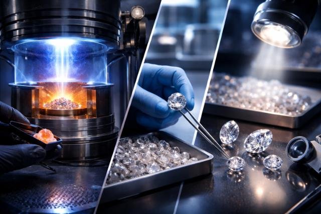 Lab-grown diamonds being created and inspected in a modern laboratory.