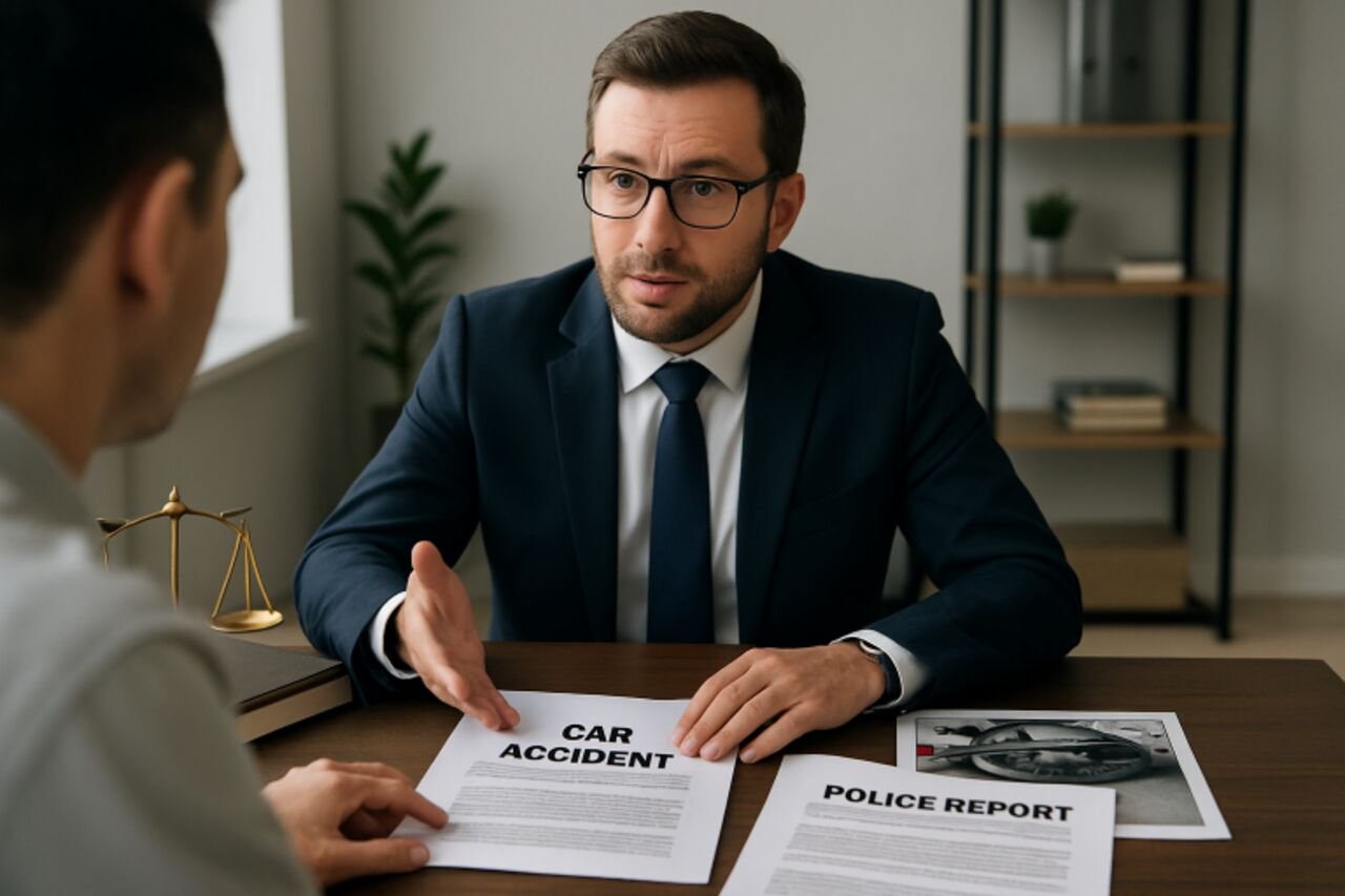 Lawyer discussing car accident and police report documents with a client across a desk.