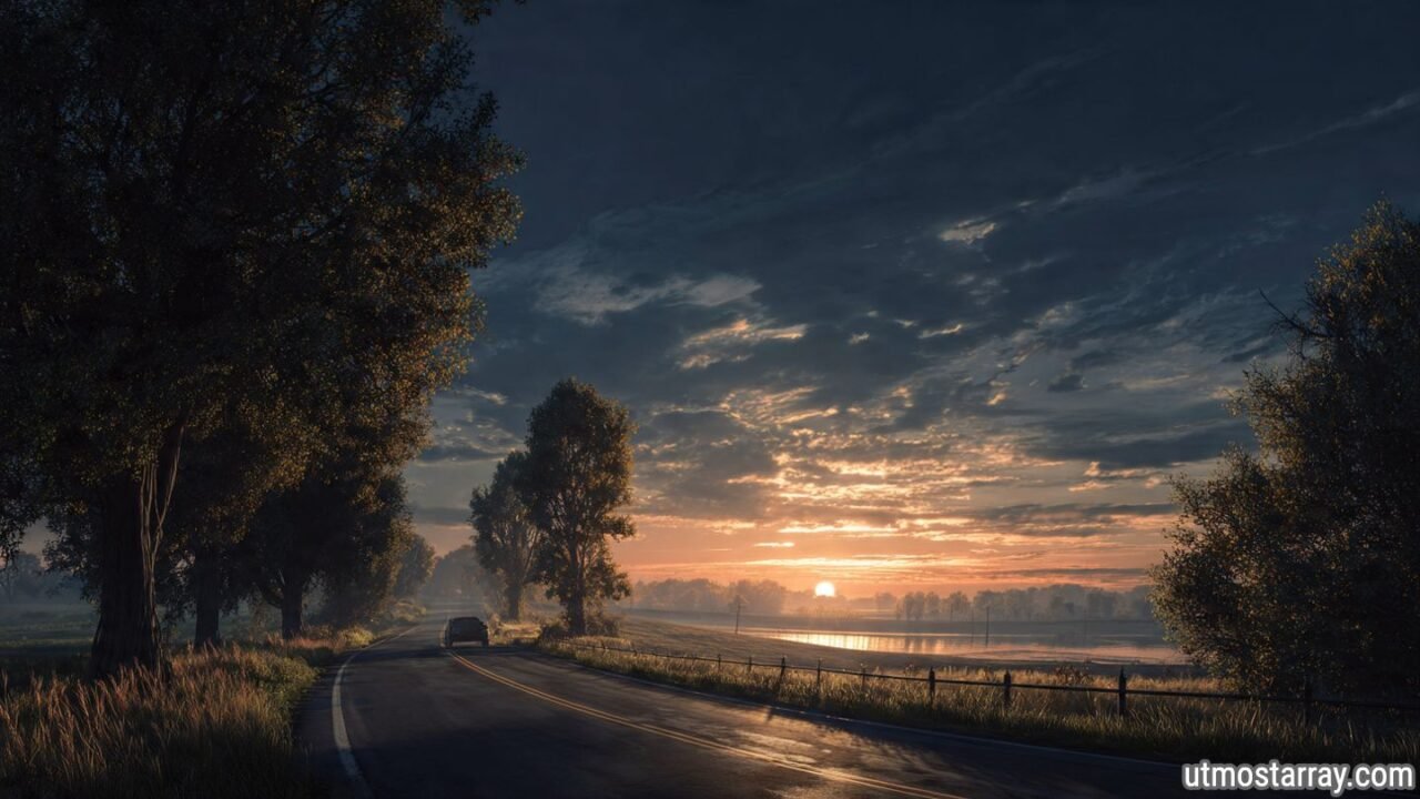 A serene countryside road with trees lining both sides, a car driving along the winding path under a dramatic sky at sunset. The soft glow of the setting sun reflects on the wet road, creating a peaceful and calming atmosphere.