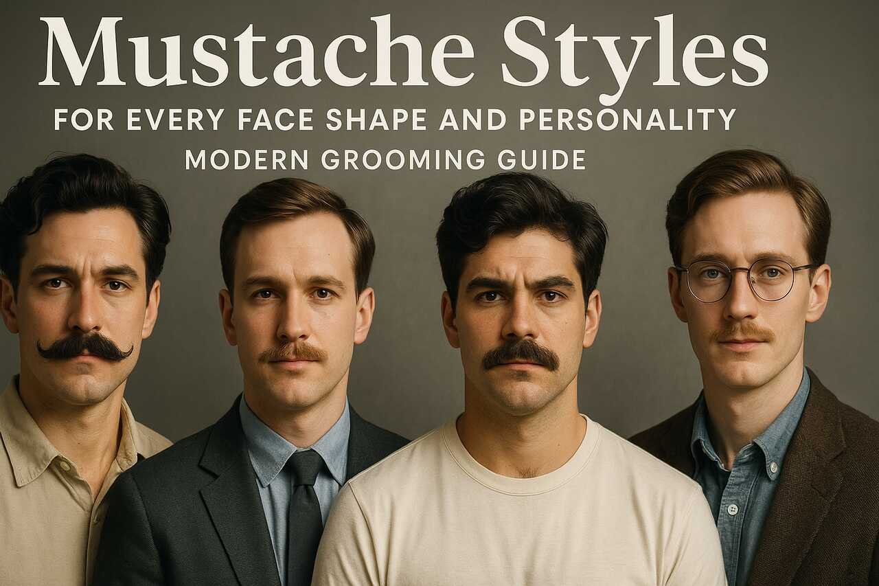 Four men with different mustache styles posing side-by-side in a studio; each represents a unique grooming look for a modern mustache guide. Landscape orientation.