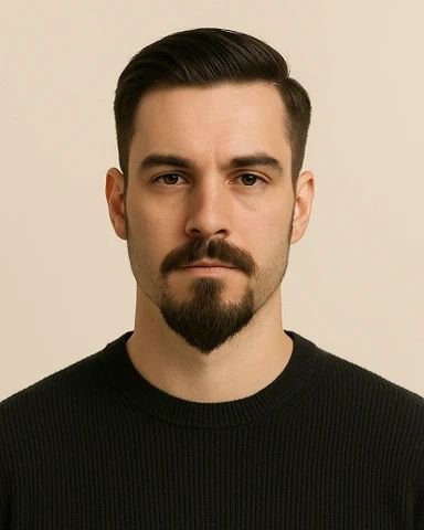 A man with neatly styled dark hair and a sculpted goatee paired with a trimmed mustache.