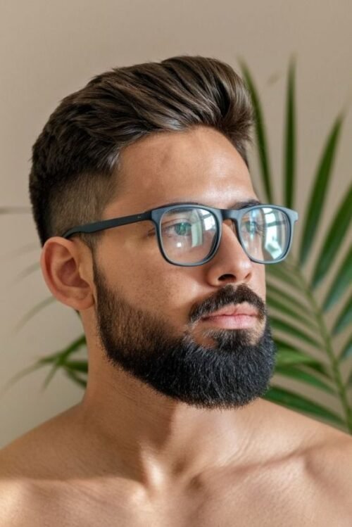 A man with styled thick hair, full trimmed beard, and glasses looking to the side.