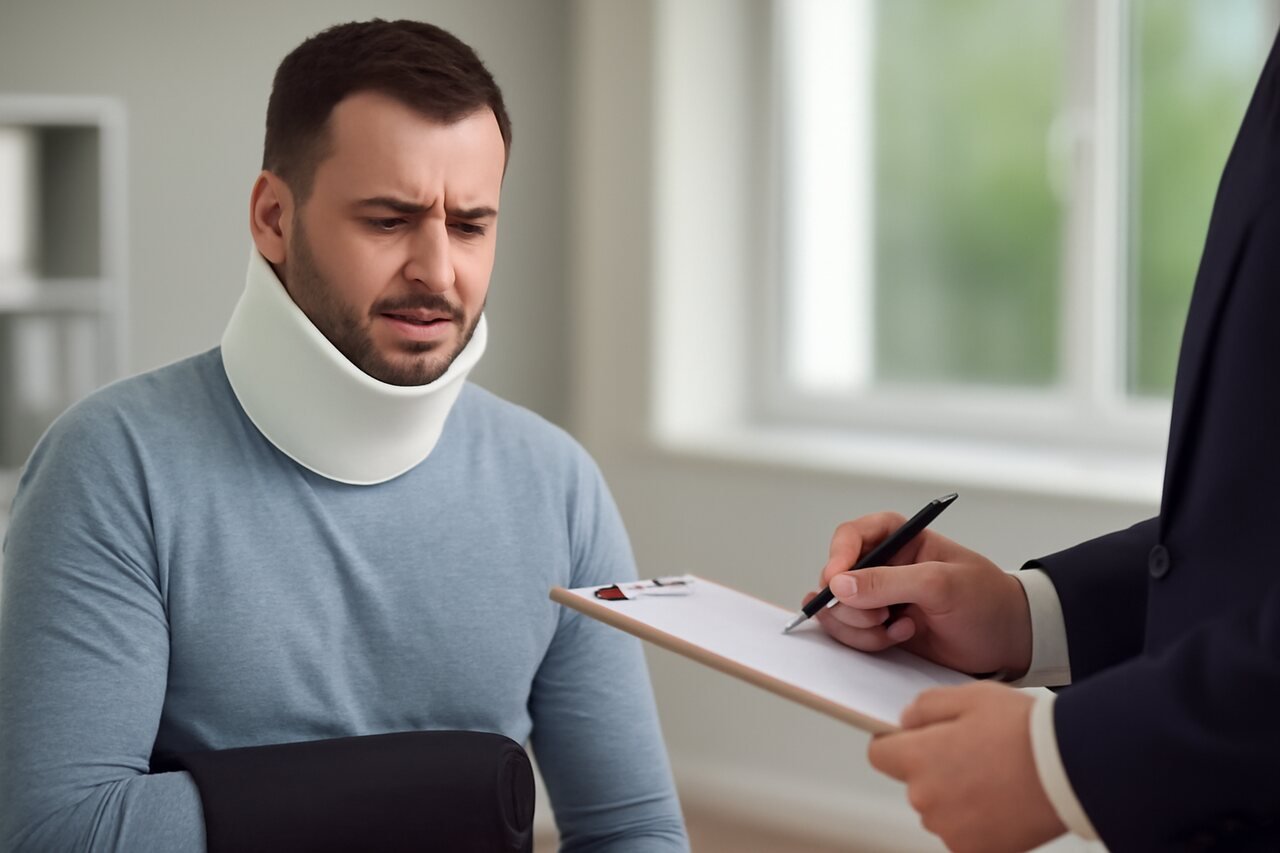 A man wearing a neck brace and arm sling is sitting in an office, looking concerned as a professional in a suit holds a clipboard and pen, ready to assist him. The image has natural lighting and a modern office setting.