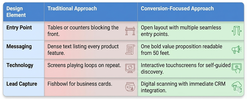 Comparison table showing a traditional booth design versus a conversion-focused booth design, highlighting differences in entry point, messaging, technology, and lead capture methods.