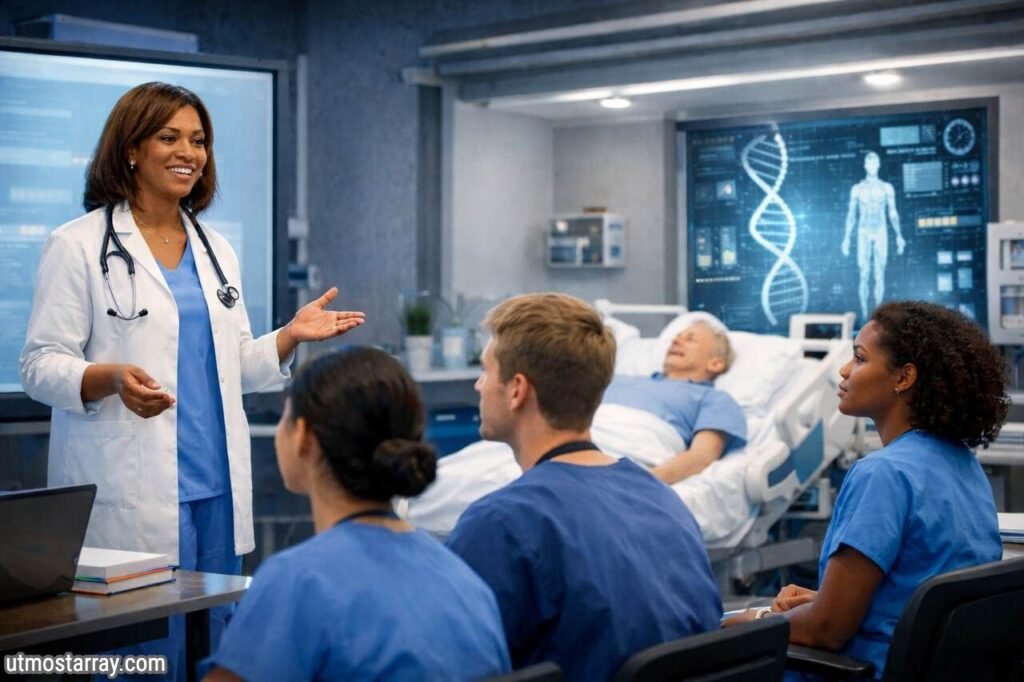 Innovative Pathways for Aspiring Nurse Educators Nurse educator guiding nursing students in a modern classroom with medical technology.