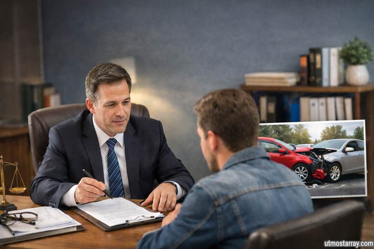 Car accident attorney consulting a client in office