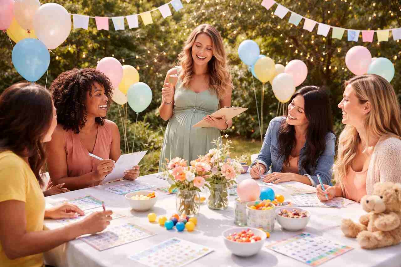 Guests enjoying baby shower games outdoors with the mom-to-be.