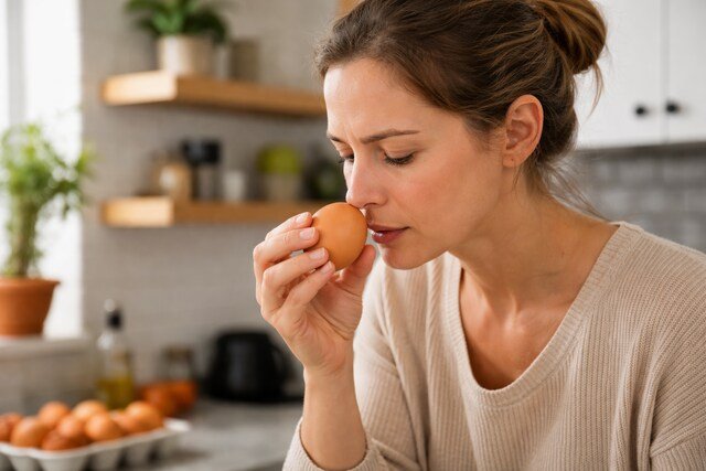 Woman smelling an egg to check freshness.