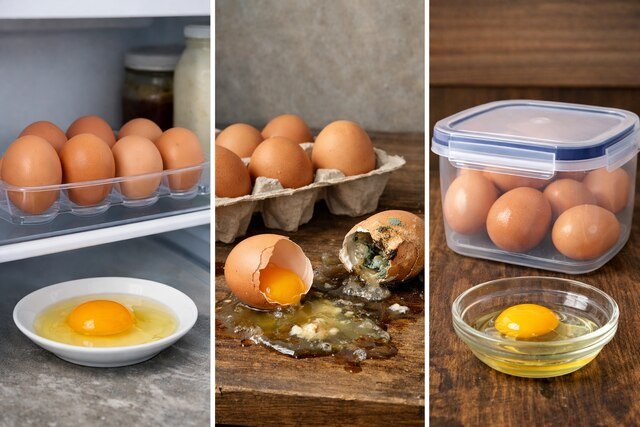 Eggs stored in fridge, on counter, and in container showing freshness differences