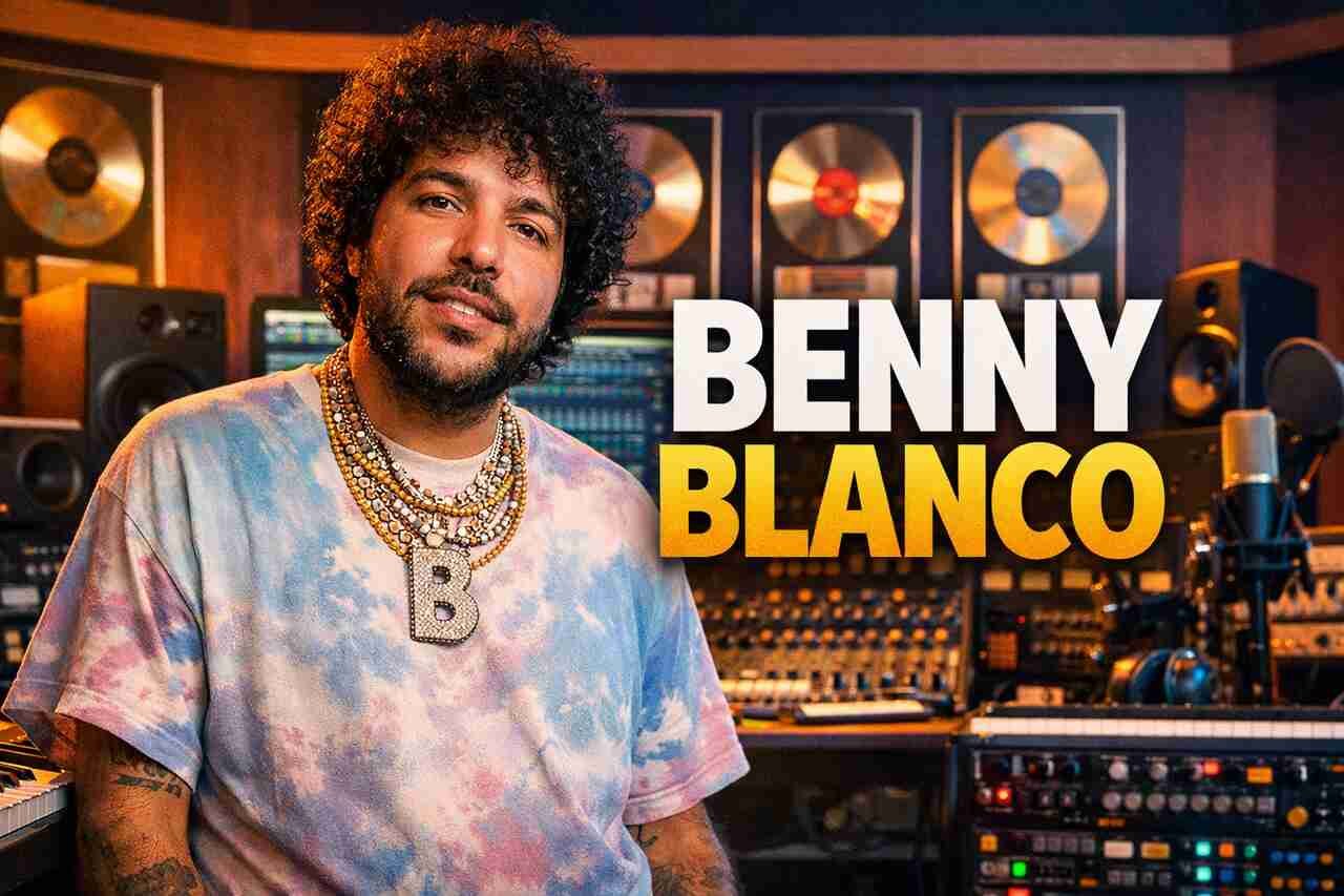 Benny Blanco in a recording studio with musical gear and gold records.