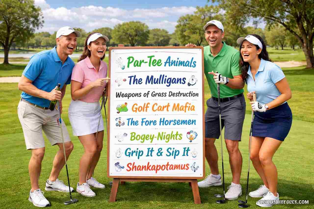 Funny golf teams in costume posing on a golf course