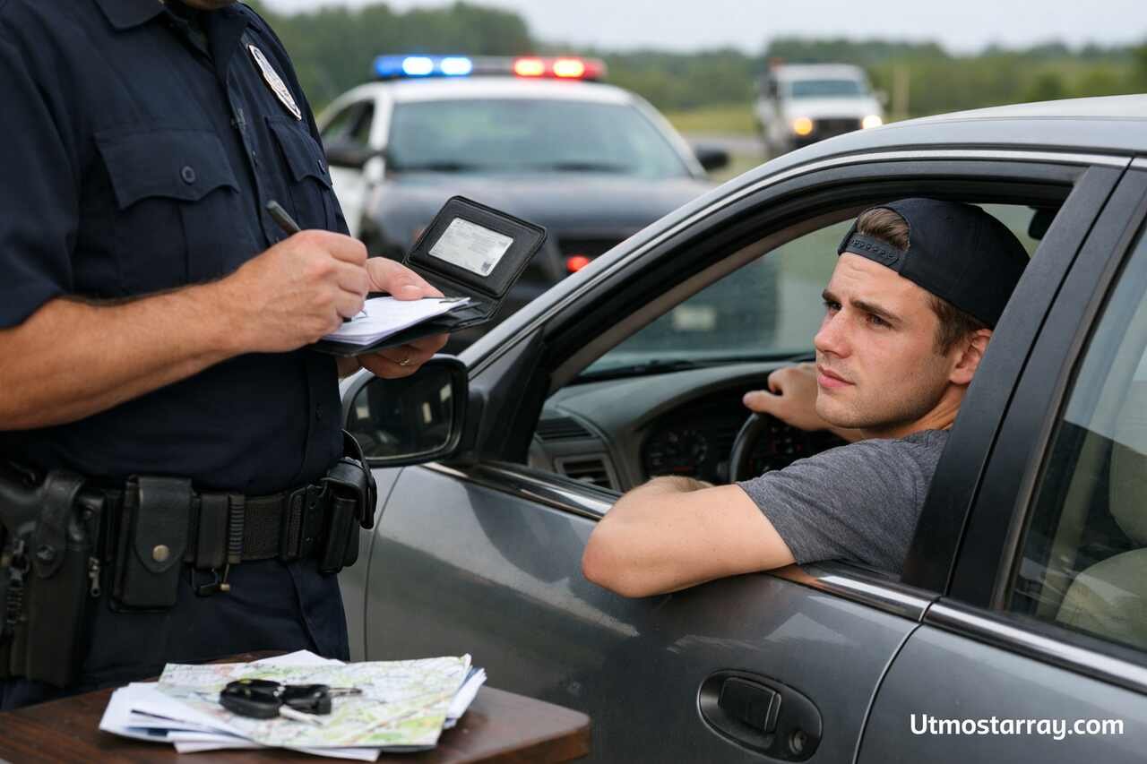 Police officer questioning young driver during traffic stop