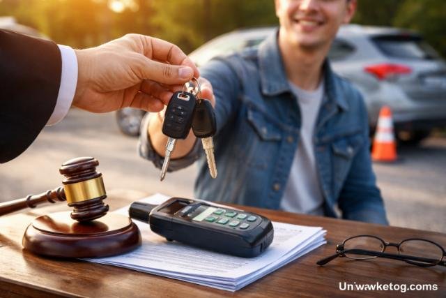 Man receiving car keys from judge after license reinstatement.