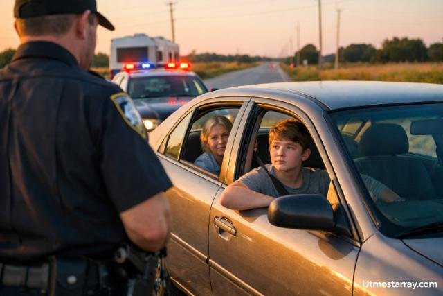 Teen driver stopped by police on rural road at sunset