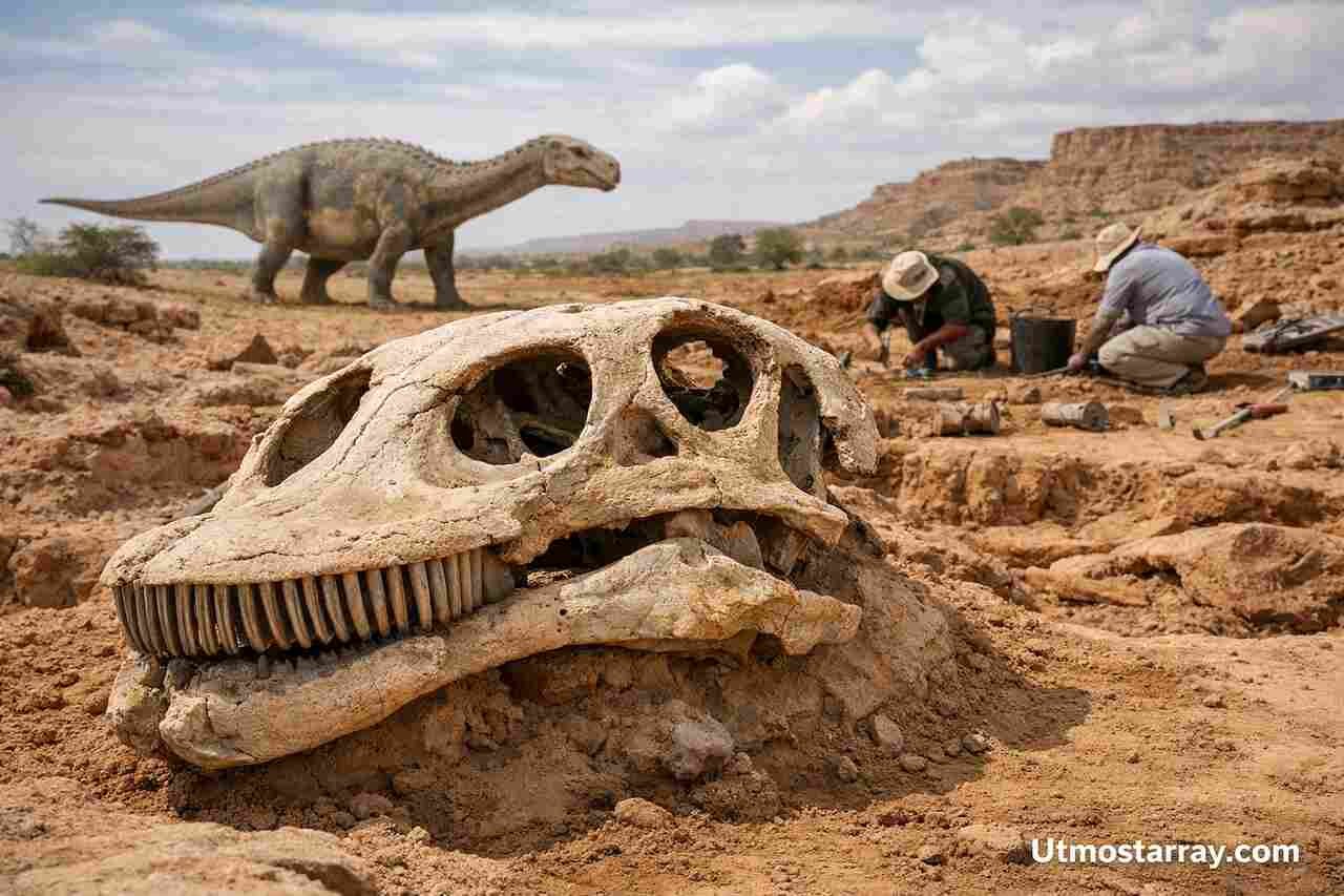 Nigersaurus skull with 500 teeth being excavated by paleontologists in a desert.