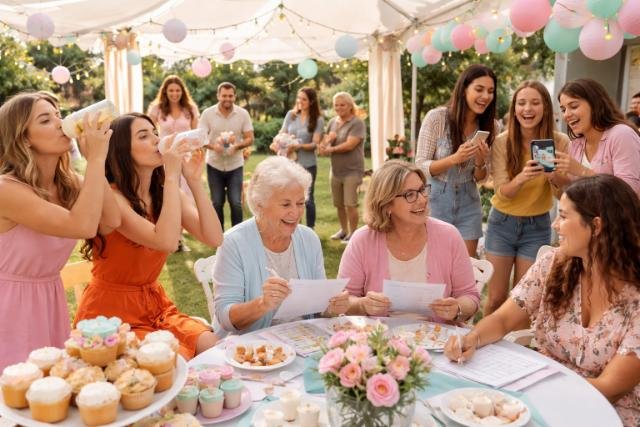 Guests of all ages playing baby shower games outdoors under a decorated tent.