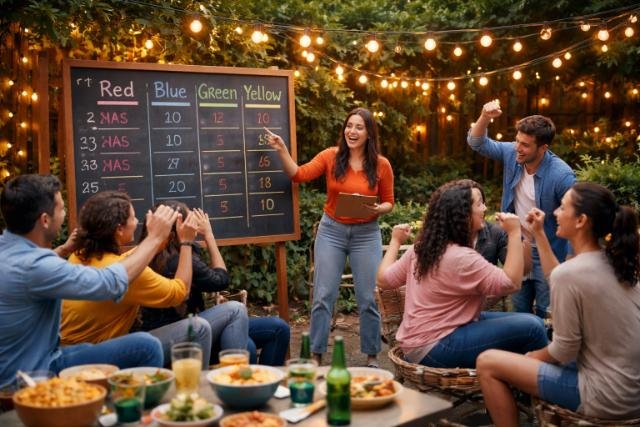 Guests playing games at an outdoor event with team scores on a chalkboard.