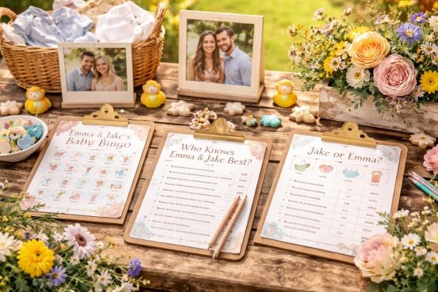 Personalized baby shower games on a rustic table with flowers and photos