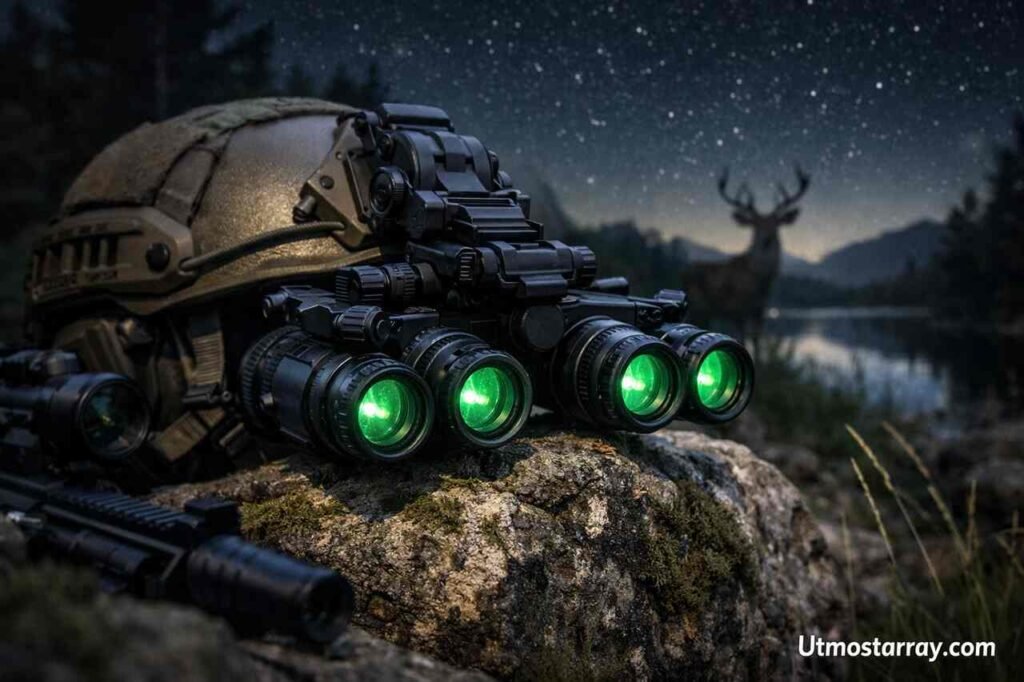 Best Night Vision Goggles for Tactical Precision, Wildlife Observation, and Nighttime Navigation Night vision goggles on helmet glowing green in nighttime forest setting