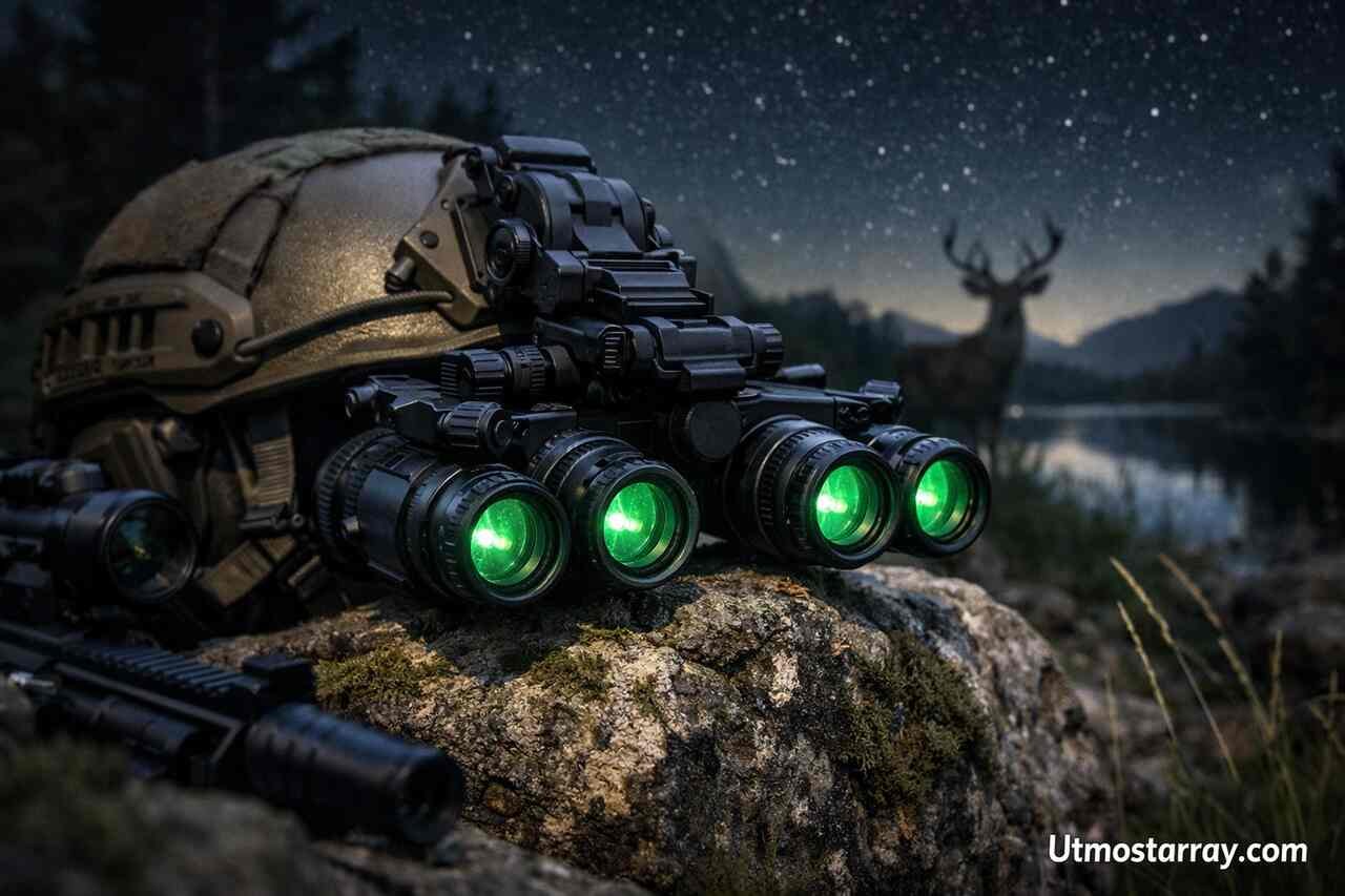 Night vision goggles on helmet glowing green in nighttime forest setting