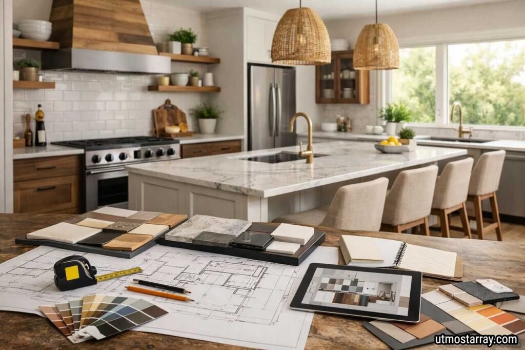 A modern custom kitchen design planning setup with layout drawings, material samples, and a stylish kitchen interior in the background