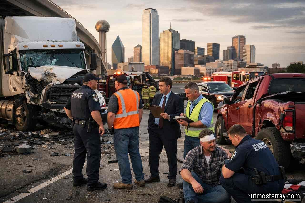 Truck accident scene on a Dallas highway with emergency responders and damaged vehicles
