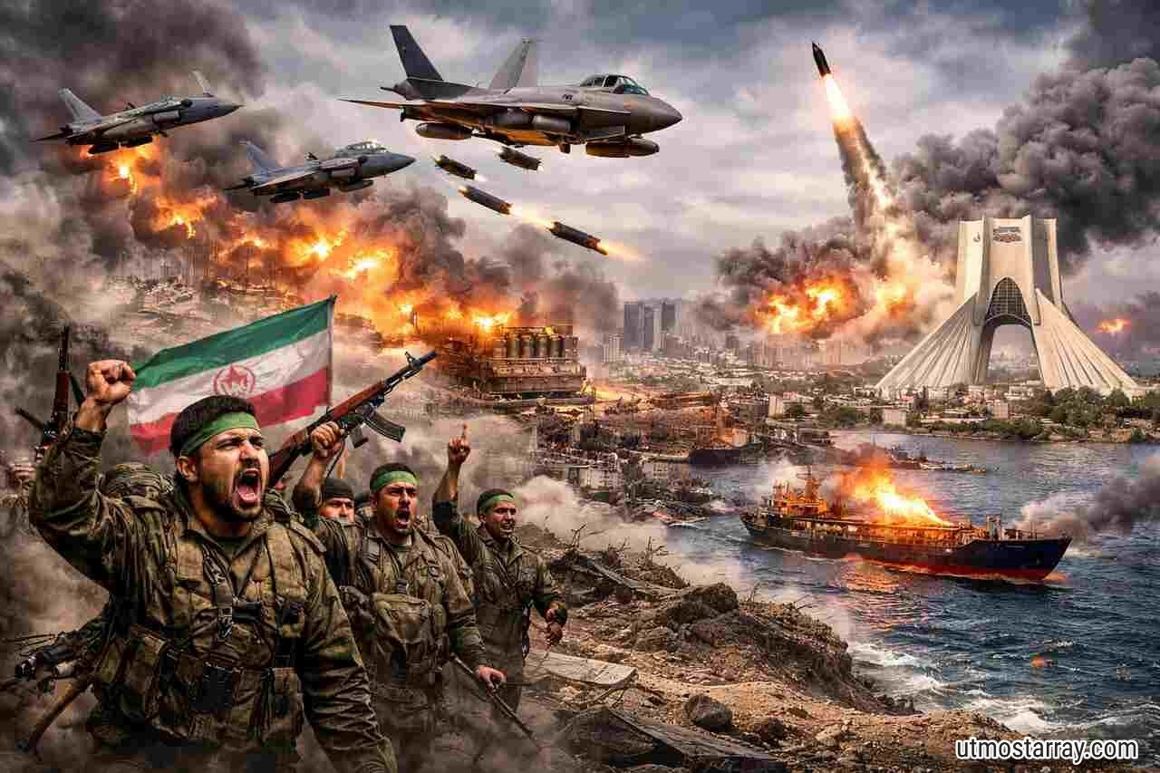 Possible outcomes of a US attack on Iran showing airstrikes, missiles, oil fires, naval conflict, and regional instability