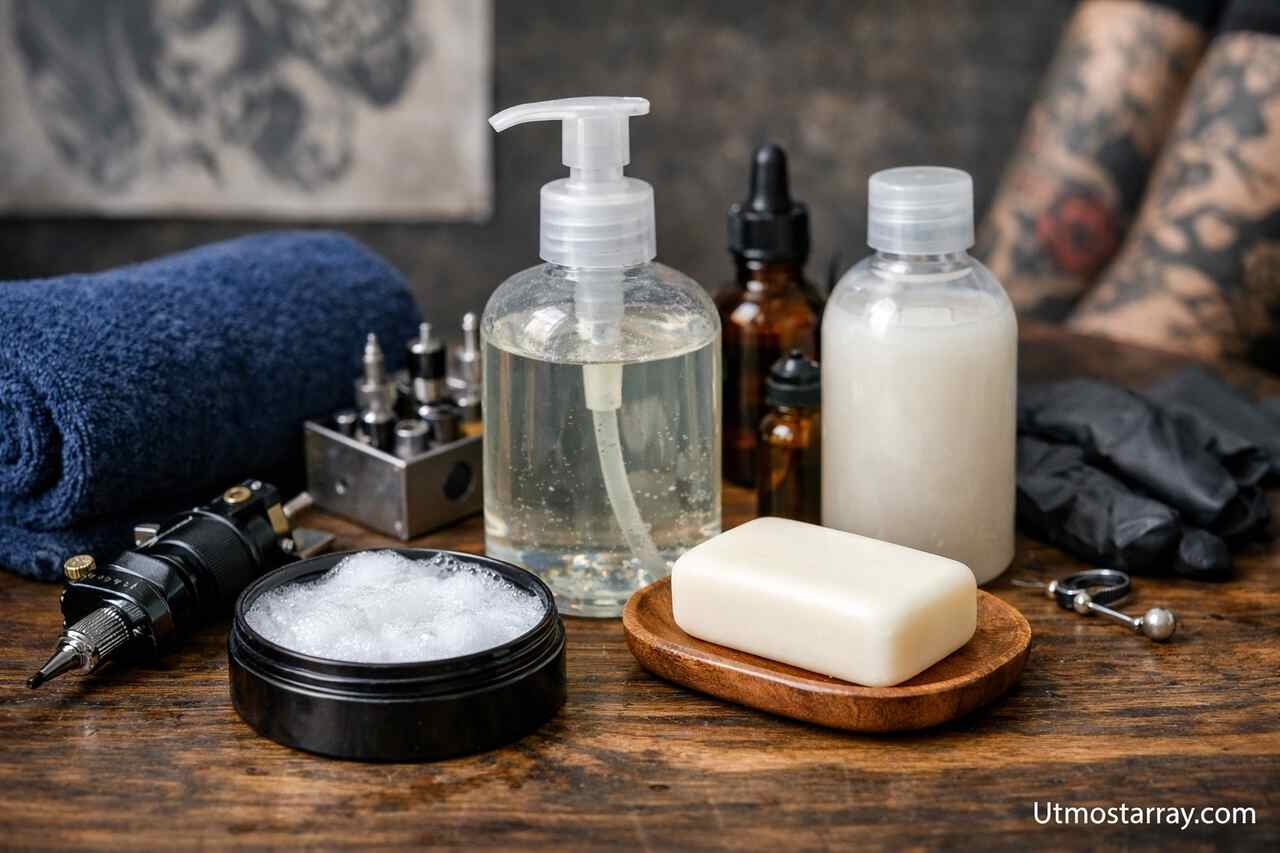 Tattoo care soaps and supplies on a wooden table