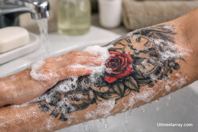 Hand washing tattooed forearm with soap and water