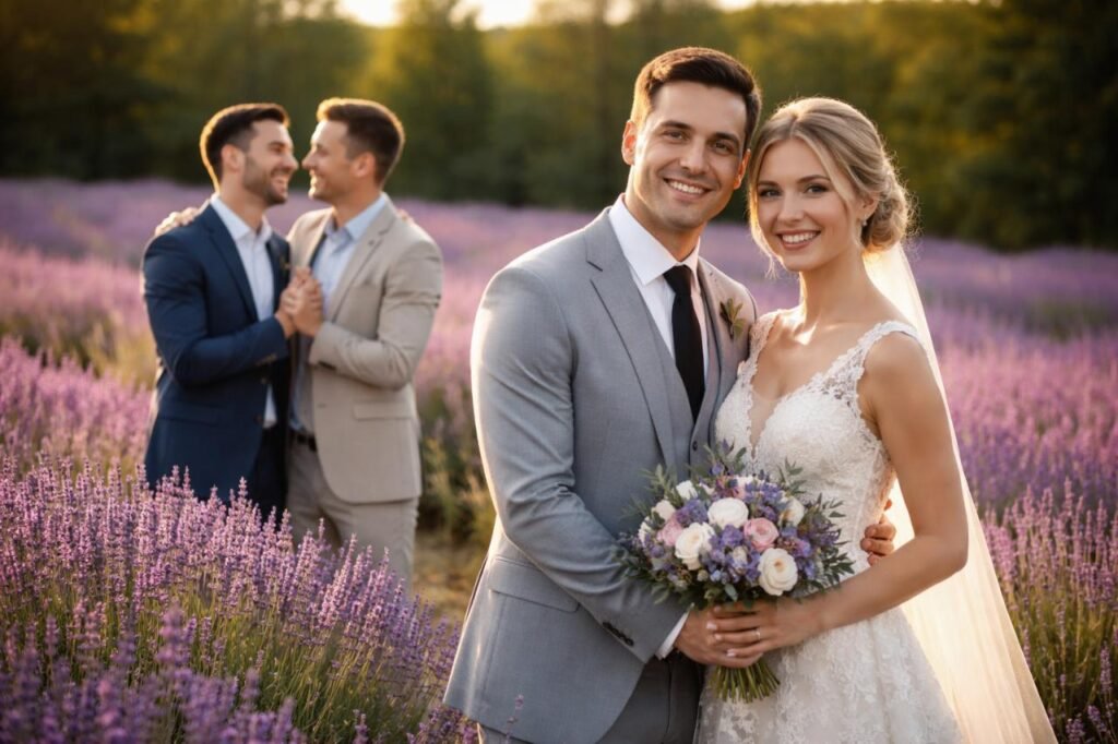 What is a Lavender Marriage? Understanding Social Covering, Cultural Impacts Wedding couples in a lavender field representing lavender marriage.