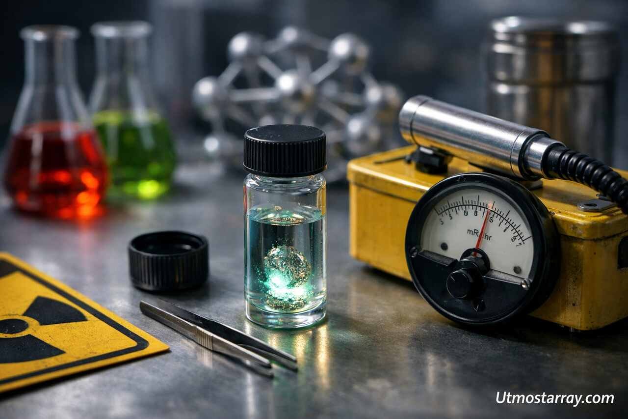 Glowing plutonium sample in lab with Geiger counter and radiation warning