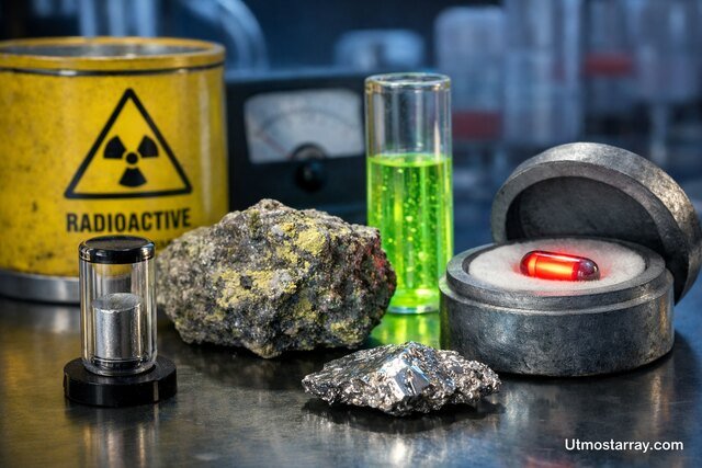 Plutonium sample and radioactive materials in a laboratory setup.