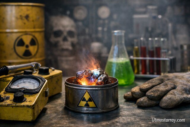 Glowing plutonium in lab with radioactive warning and protective gear