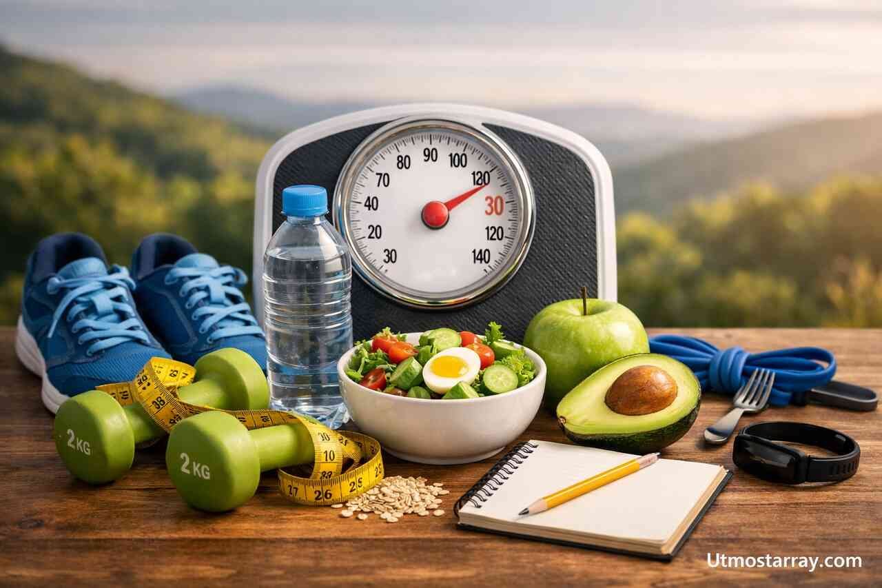 Healthy food, fitness gear, and scale for sustainable weight loss plan